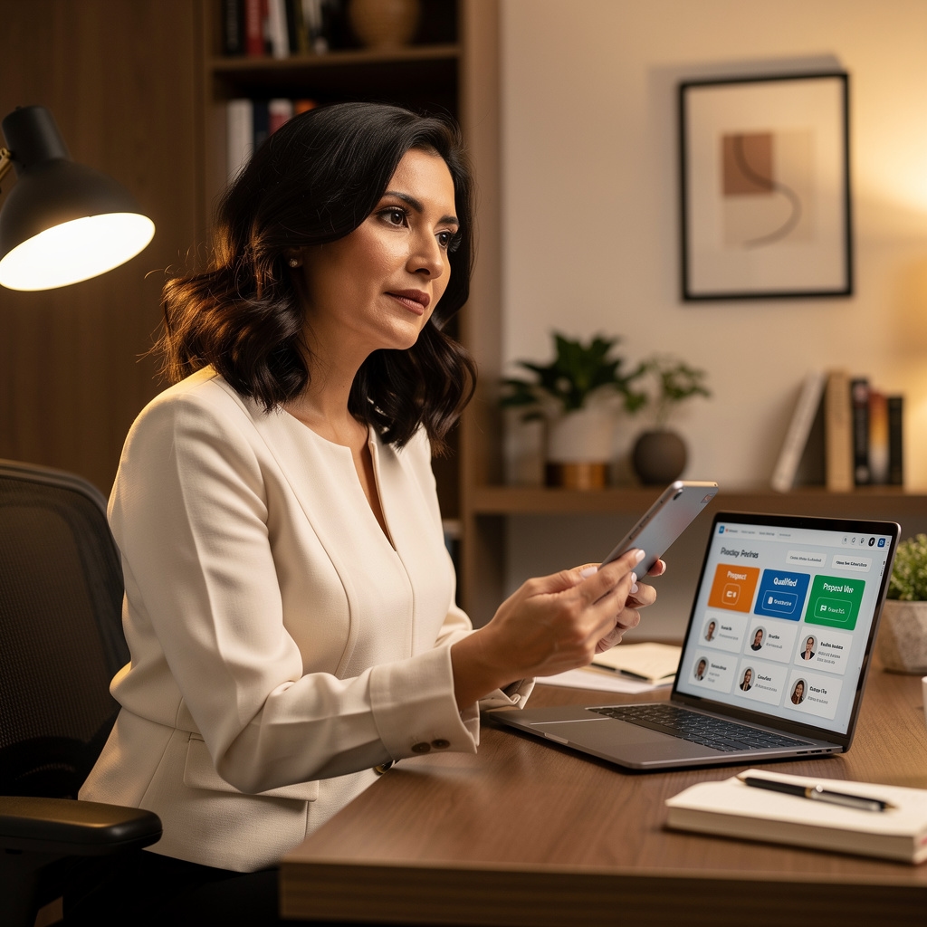 Empresaria revisando lista de clientes en tableta con sistema CRM gratuito