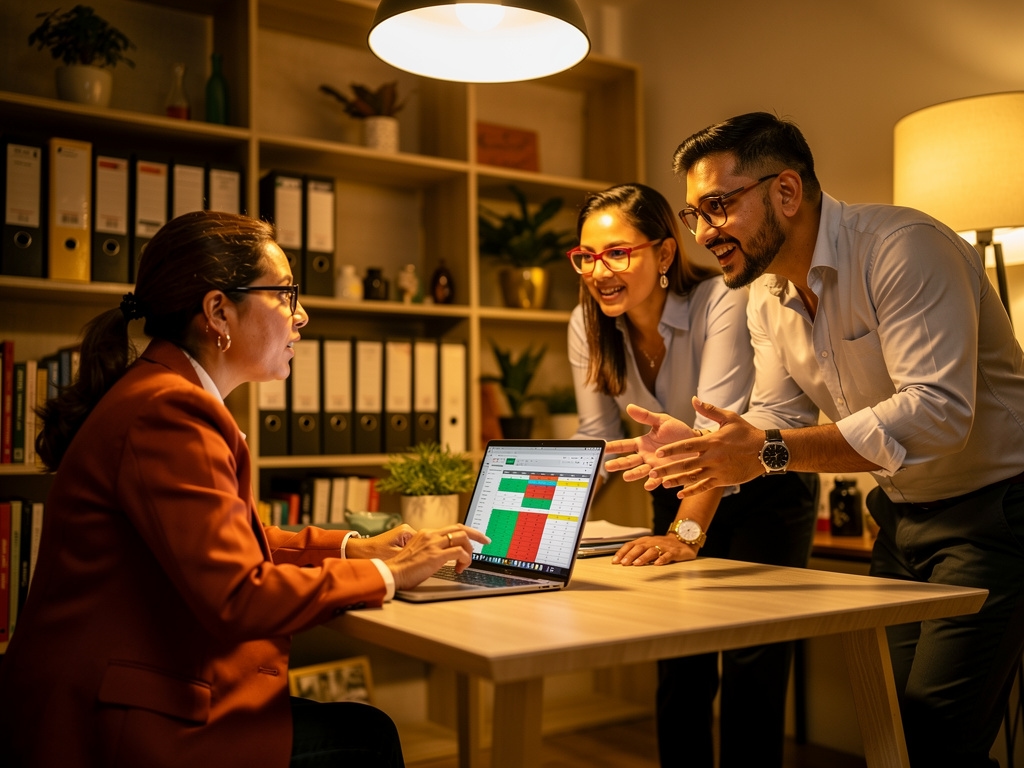 Equipo de pequeña empresa trabajando con herramientas digitales en oficina