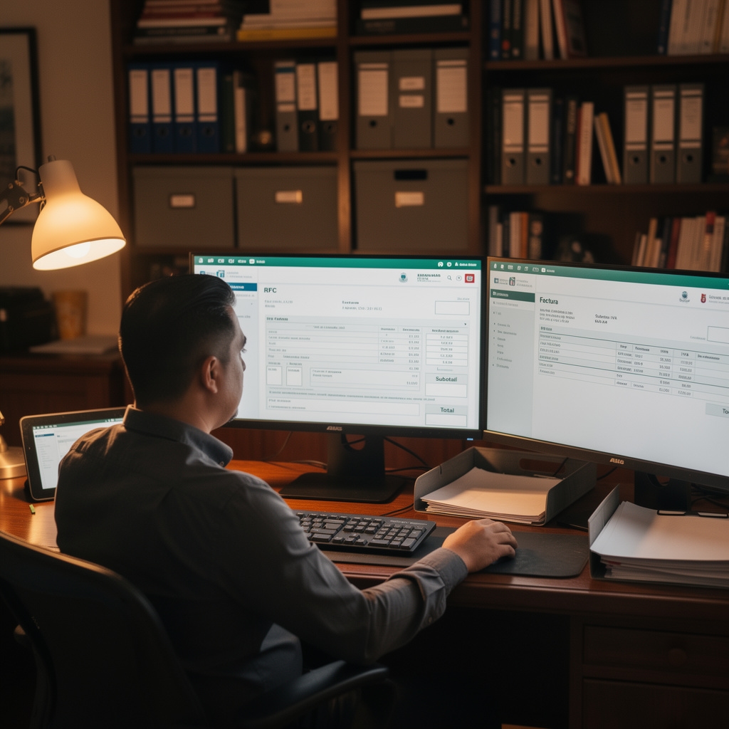 Contador revisando pantalla con portal del SAT para automatización de facturación
